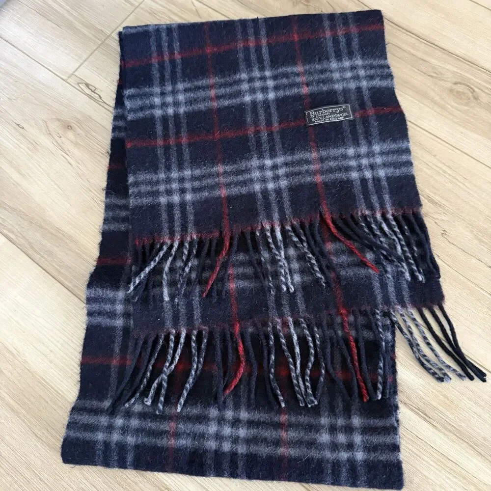 Authentic BURBERRY Lambs Wool Plaid Scarf Blue Red White